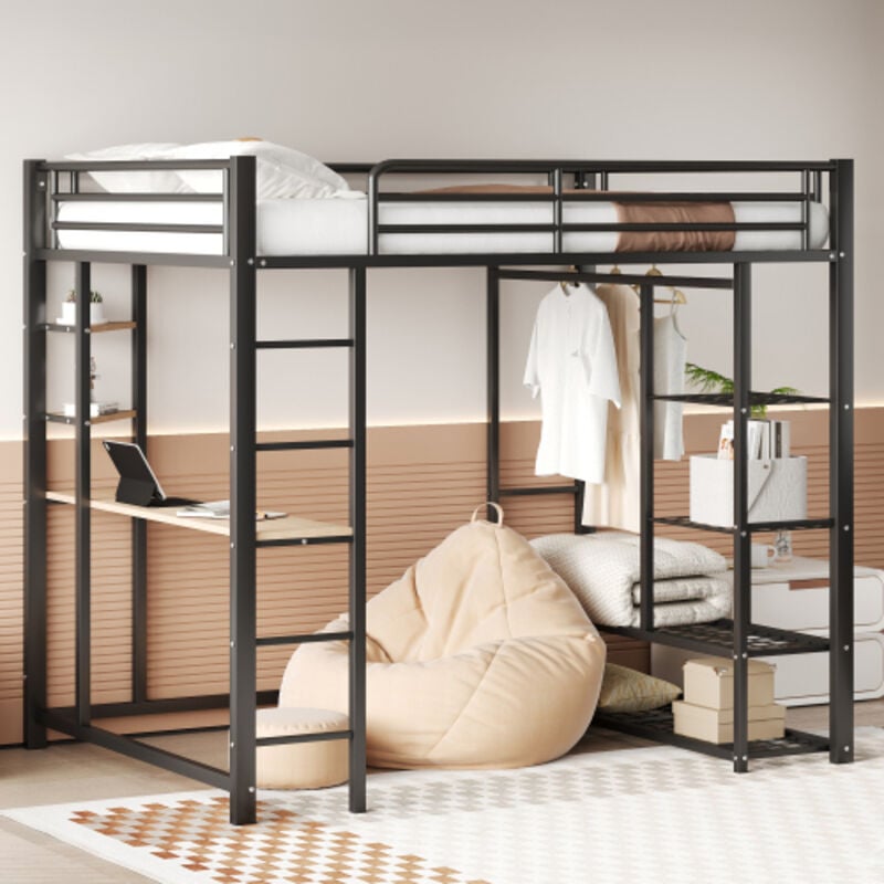 foto del prodotto letto a soppalco in metallo con scala 140200 cm, letto junior letto matrimoniale con tavolo con appendiabiti singoli con vani portaoggetti, nero