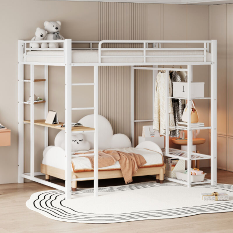 foto del prodotto letto a soppalco in metallo con scaletta 140200 cm, letto junior letto matrimoniale con tavolo con appendiabiti singoli con vani portaoggetti, bianco
