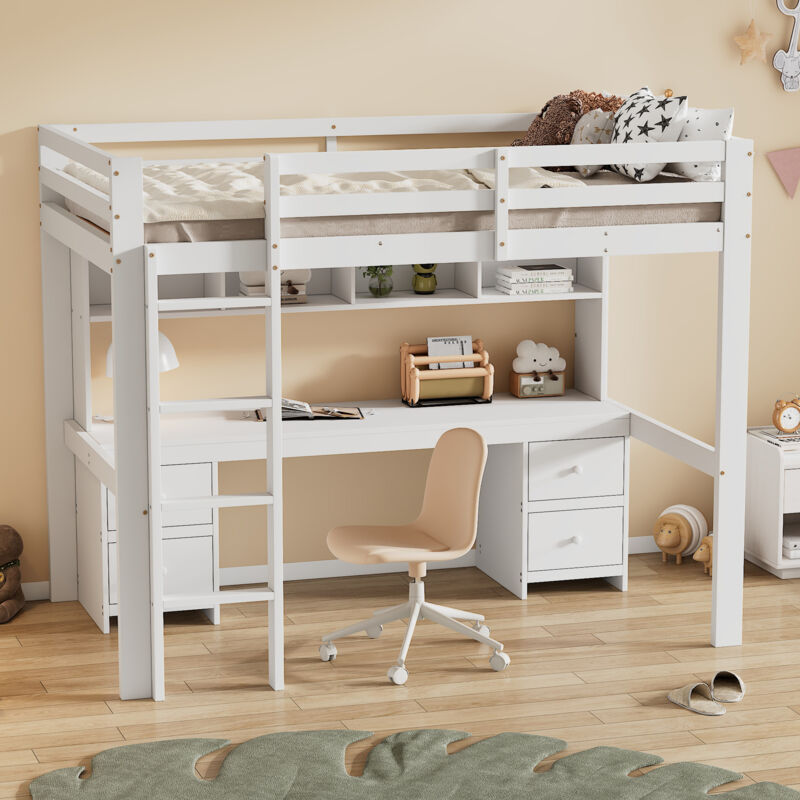 foto del prodotto letto a soppalco, lettino per bambini, letto superiore, tavolino, ampio spazio di stivaggio, ringhiera alta, scala stabile, bianco, 90 x 200 cm