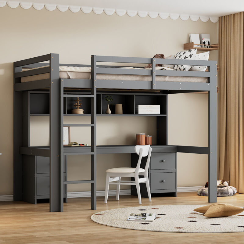 foto del prodotto letto a soppalco, lettino per bambini, letto superiore, tavolino, ampio spazio di stivaggio, ringhiera alta, scala stabile, grigio, 90 x 200 cm