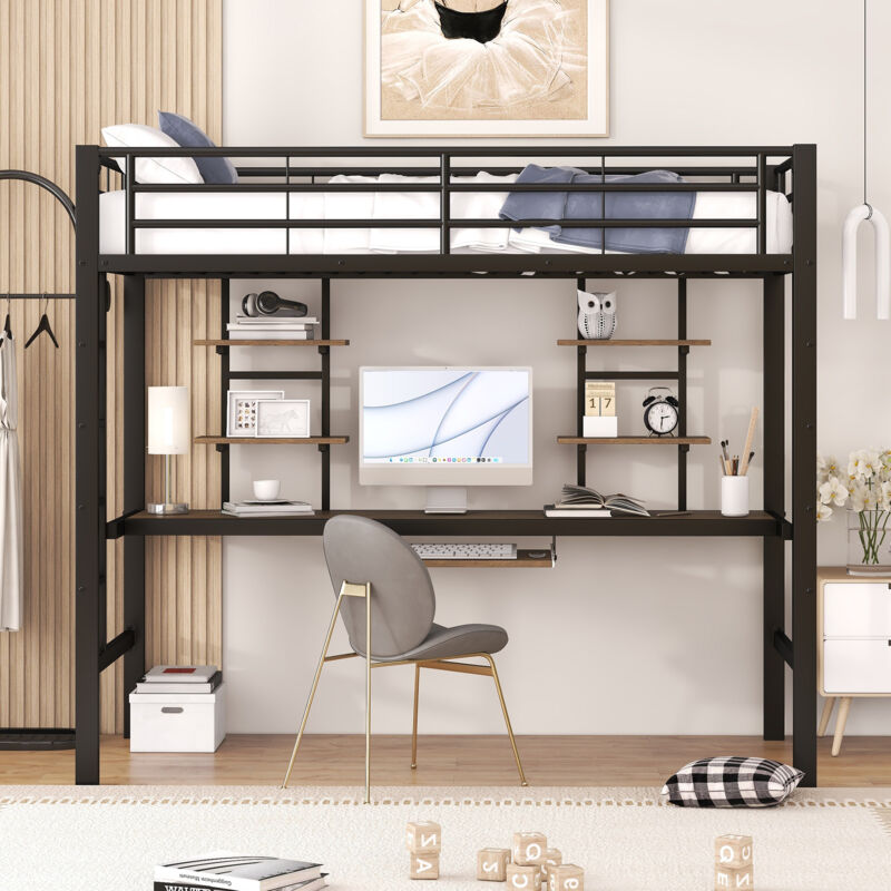 foto del prodotto letto a soppalco letto in metallo, giroletto con scrivania e 2 ripiani, 90 x 200 cm, nero