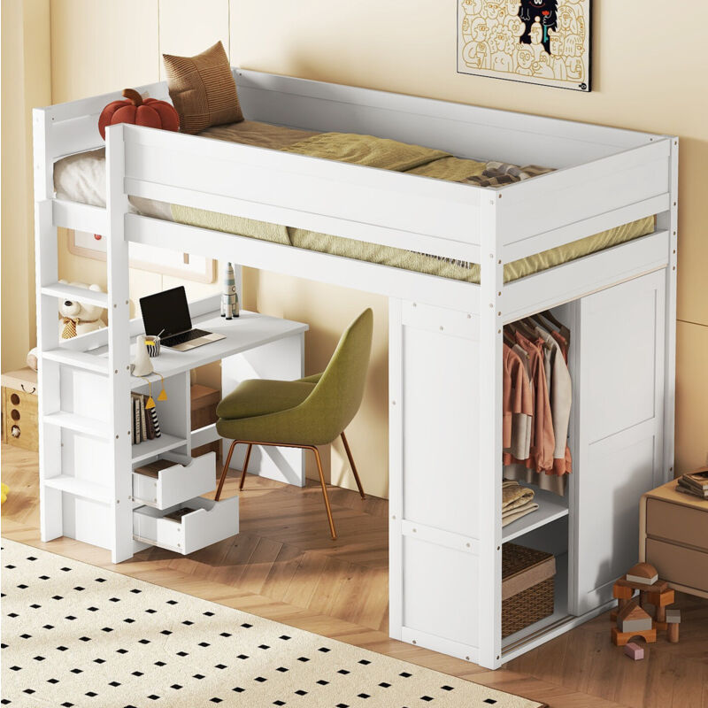 foto del prodotto letto a soppalco, letto per bambini versatile, dotato di armadio, scrivania e cassettiera, bianco, 90 x 200 cm