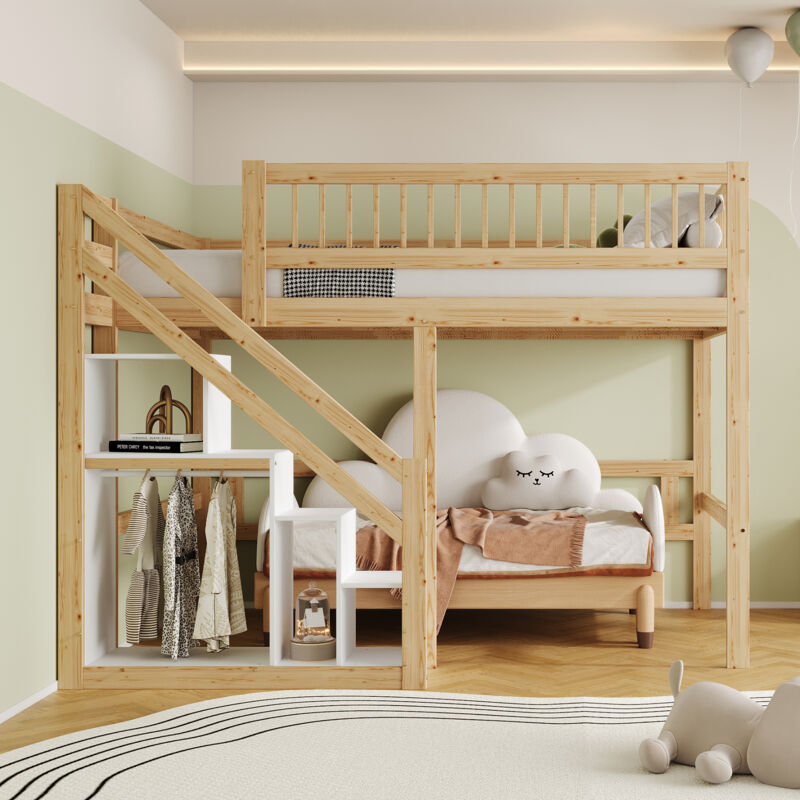 foto del prodotto letto a soppalco per bambini 140x200cm, ripostiglio aperto sulla scala, armadio, letti singolo, senza materasso, naturale