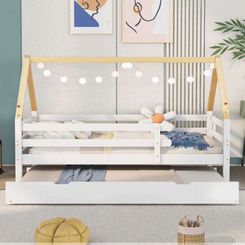 foto del prodotto letto a soppalco per bambini 90x200 cm con letto estraibile 90x190 cm in legno, rete e doghe, naturale e bianco