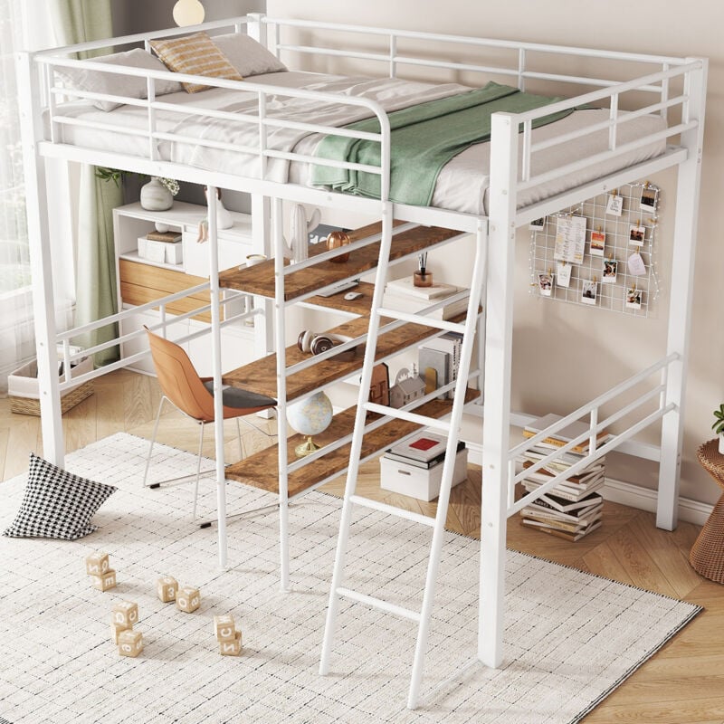 foto del prodotto letto a soppalco per bambini 90x200 cm con libreria, scrivania e doghe, senza materasso, metallo, bianco
