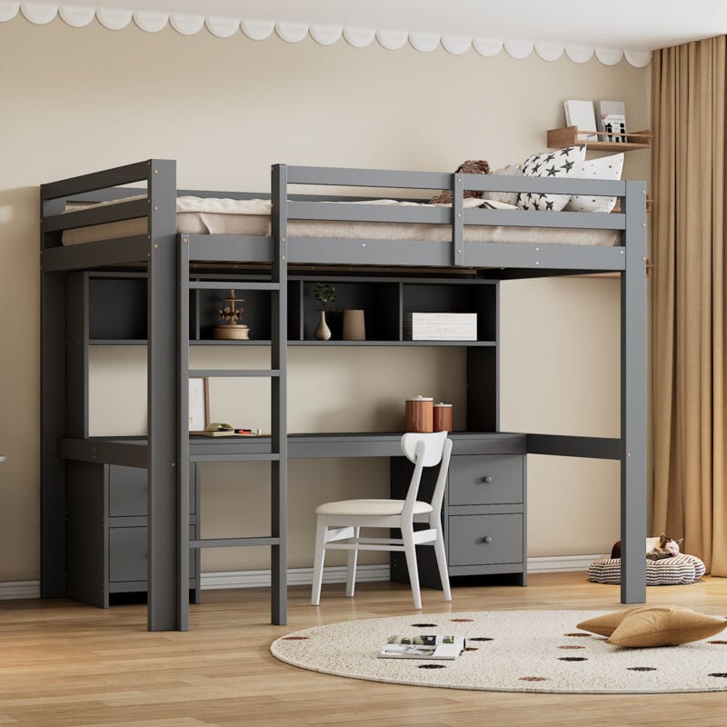 foto del prodotto letto a soppalco per bambini 90x200 cm con spazio contenitore, scala alta, struttura letto in pino, grigio