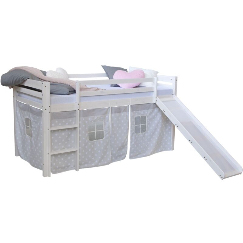 foto del prodotto letto a soppalco per bambini 90x200cm con scaletta scorrevole in legno bianco con tessuto grigio stella lit06179
