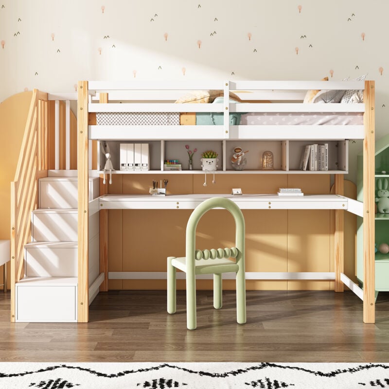 foto del prodotto letto a soppalco per bambini 90x200cm, scala contenitore scrivania sotto il letto 4 scomparti, legno mdf, senza materasso, bianco naturale