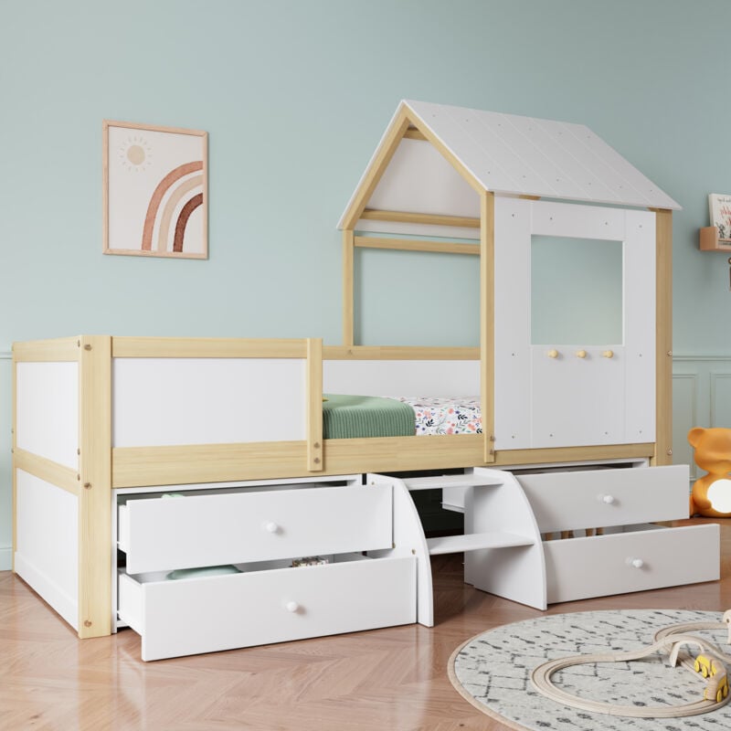 foto del prodotto letto a soppalco per bambini a mezza altezza 90 x 200 cm con tetto e finestra, recinzione su 4 lati, 4 cassetti e piccola scala, bianco e naturale