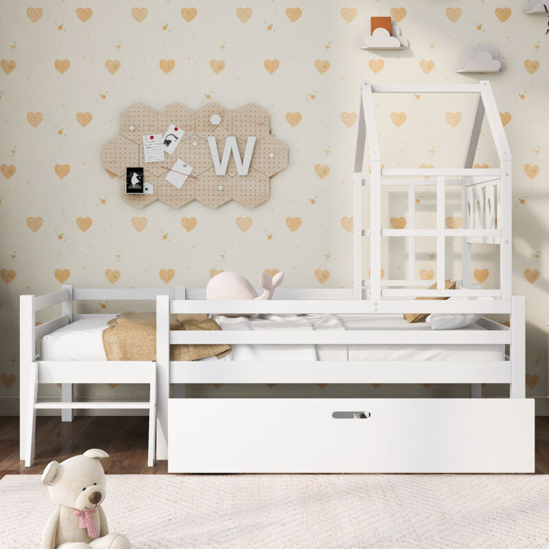 foto del prodotto letto a soppalco per bambini con scala e cassetti, con rete a doghe, letto a soppalco in legno massello con protezione anticaduta 90x200 cm bianco