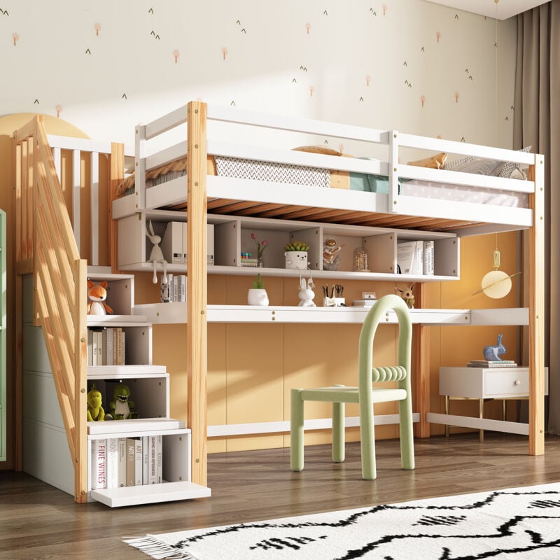 foto del prodotto letto a soppalco per bambini con scala portaoggetti 90200 cm, legno massello mdf, letto a castello, lettino per bambini con ampia scrivania e