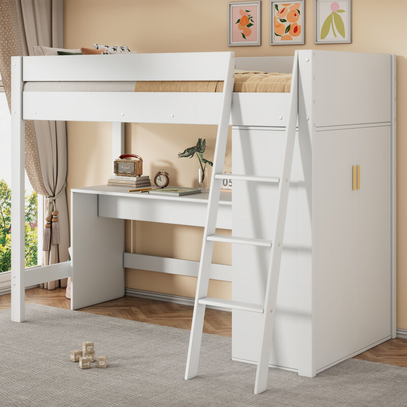 foto del prodotto letto a soppalco per bambini, lettino multifunzionale, con scala, con scrivania, con armadio, liberamente combinabile, senza materasso, legno