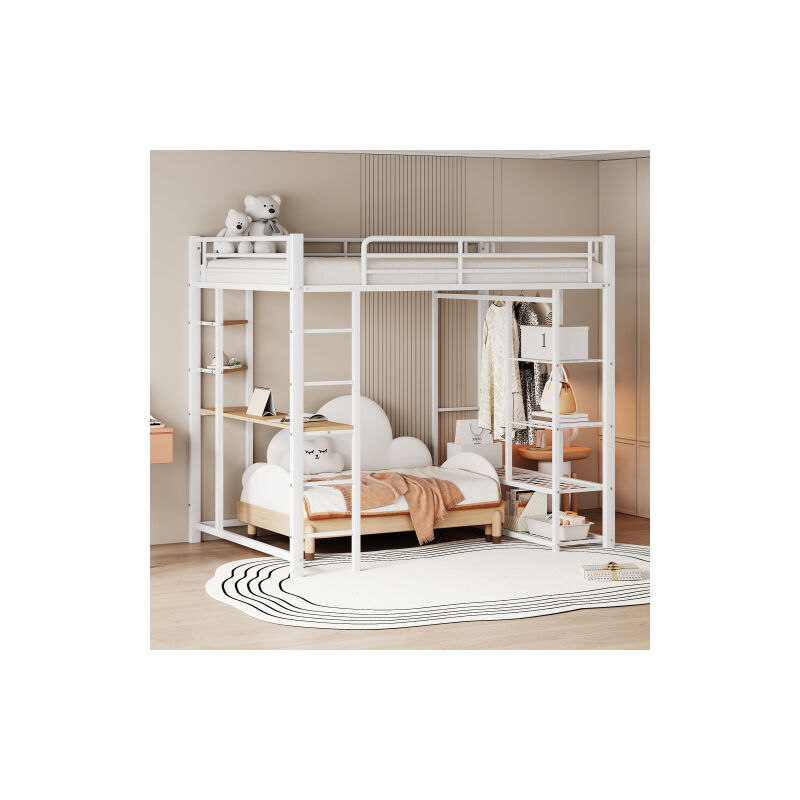 foto del prodotto letto a soppalco per bambini, letto a soppalco 140x200 cm con scrivania, scaletta, struttura letto in metallo con ripiani portaoggetti, bianco