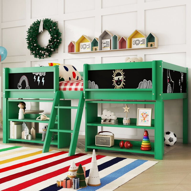 foto del prodotto letto ad altezza media, 90200 cm, diversi ripiani portaoggetti, ringhiera, scala, legno di pino, senza materasso, stile minimalista, verde