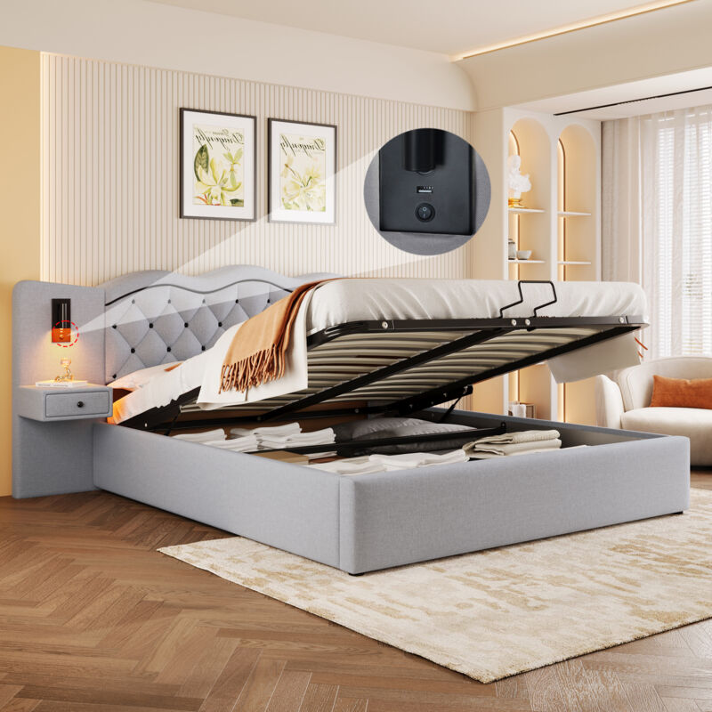 foto del prodotto letto adulto letto con contenitore 160x200 cm con testata, doghe e 2 comodini di stoccaggio, lino, grigio