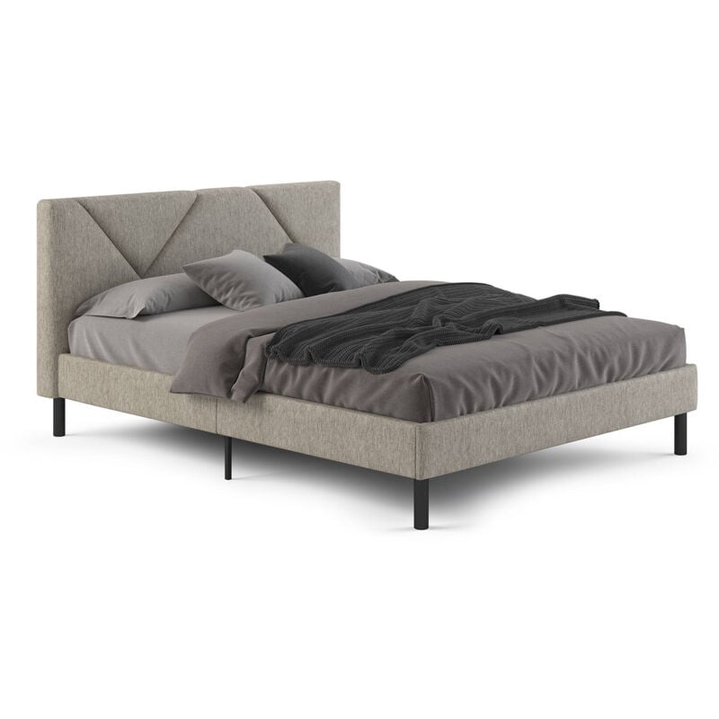 foto del prodotto letto alla francese calitri, letto imbottito in tessuto con testiera, doghe in legno, adatto a materasso da 140x190, tortora dmora