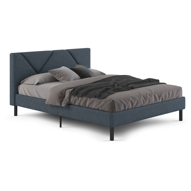 foto del prodotto letto alla francese ikelos, letto imbottito in tessuto con testiera, doghe in legno, adatto a materasso da 140x190, blu dmora