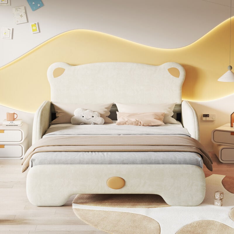 foto del prodotto letto bambino adulto estraibile 140x110cm, 140x200cm , letto matrimoniale a forma di orso, velluto, beige materasso non incluso