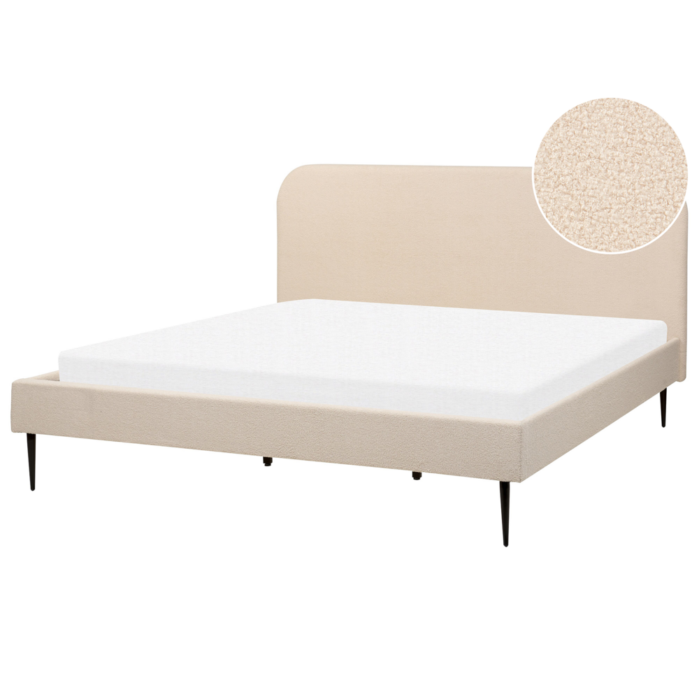 foto del prodotto letto beige boucl tappezzeria doppia dimensione gambe dorate testiera con rete a doghe 180 x 200 cm design minimalista