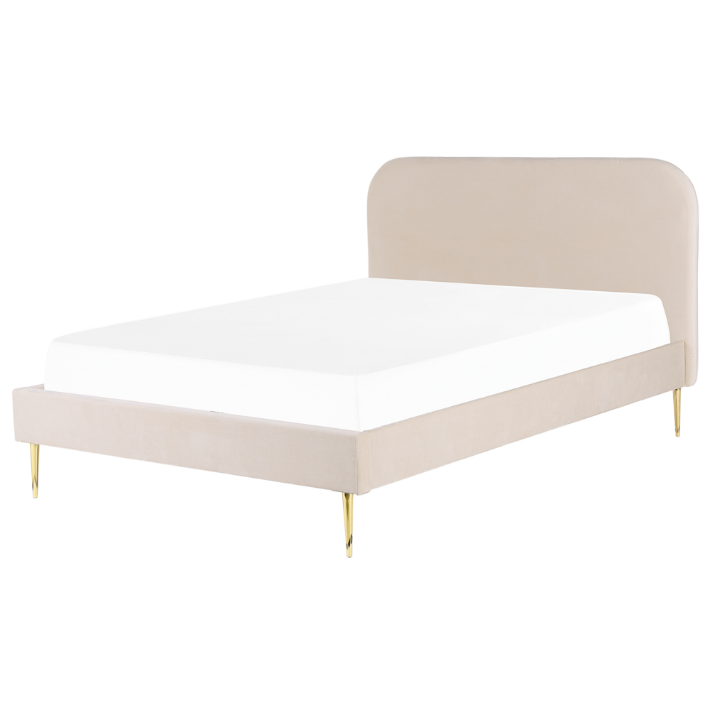 foto del prodotto letto beige velluto tappezzeria king size gambe dorate testiera con rete a doghe 160 x 200 design minimalista