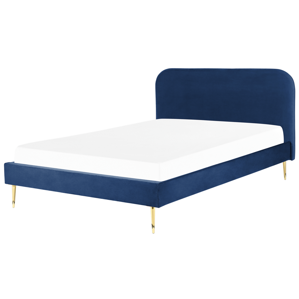 foto del prodotto letto blu marino velluto tappezzeria king size gambe dorate testiera con rete a doghe 180 x 200 design minimalista