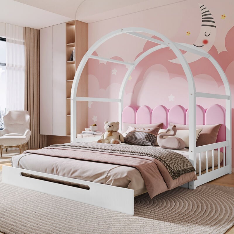 foto del prodotto letto cabina allungabile con tetto ad arco, cuscini in velluto, struttura in legno di pino, bianco rosa 140 x 100 cm 140 x 200 cm
