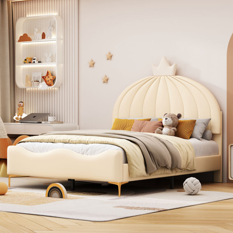 foto del prodotto letto capitonn per bambini 140 x 200 cm testata cartone animato con corona a forma di arco terminale ad arco tessuto in similpelle con rete a doghe