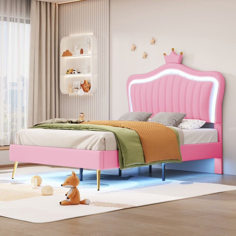 foto del prodotto letto capitonn per bambini 90 x 200 cm, giroletto per bambine, giroletto in pelle pu rosa a doppia corona con luci a led, rete a doghe e schienale