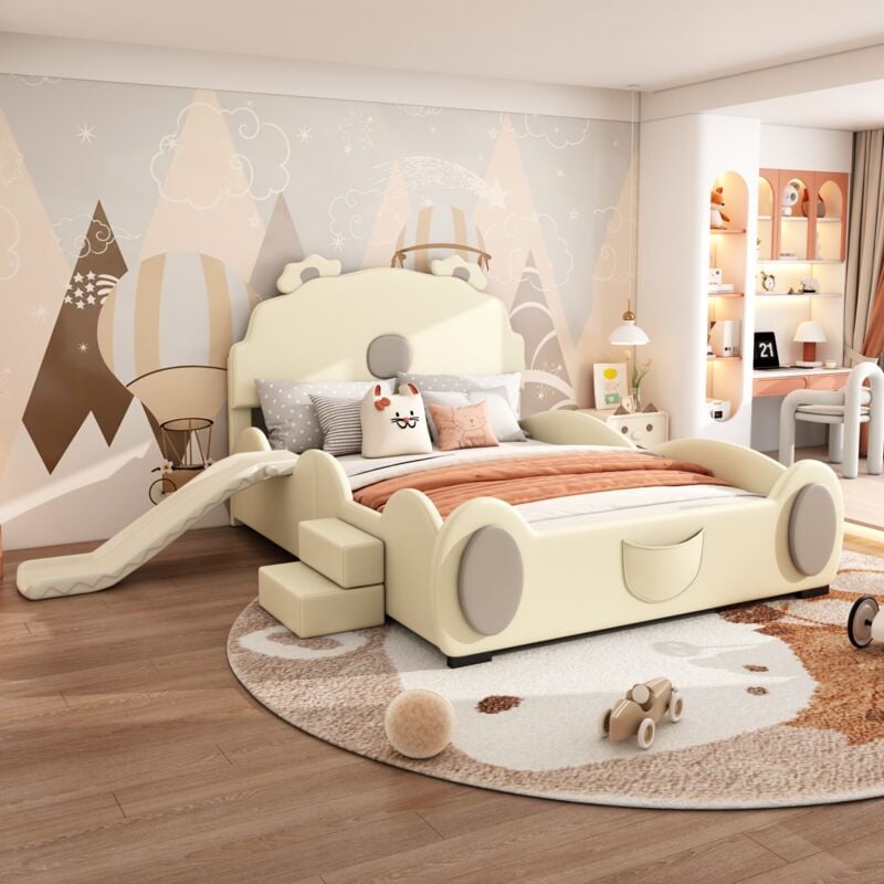 foto del prodotto letto cartone animato 140 200 cm, letto per bambini, letto per orsi, dotato di scivolo e scala, materiale pu, facile da pulire, forma carina, beige