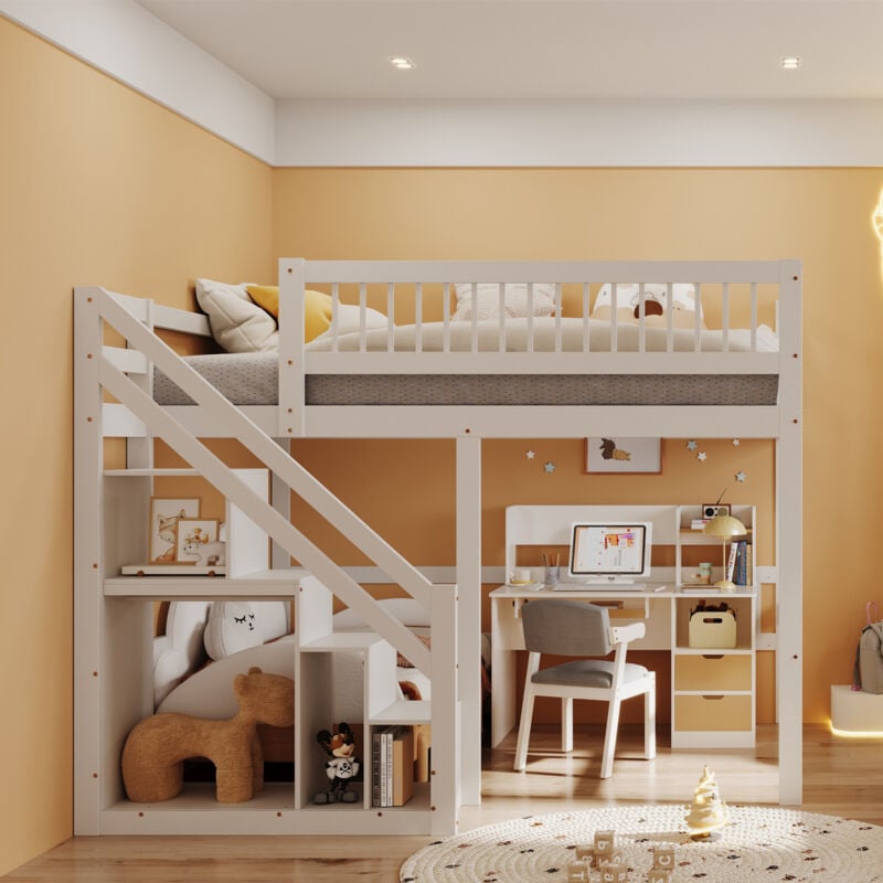 foto del prodotto letto castello 140x200,letto soppalco 140x200,letto bambini con scala, con armadio contenitore,letto singolo, legno massello, bianco