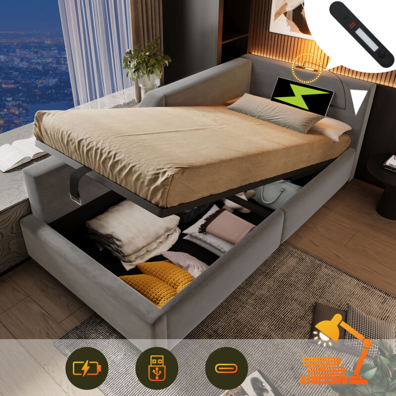 foto del prodotto letto chaise longue imbottito 90x190 cm, divano letto con vano contenitore idraulico, funzione lampada da lettura e funzione di ricarica usb c,