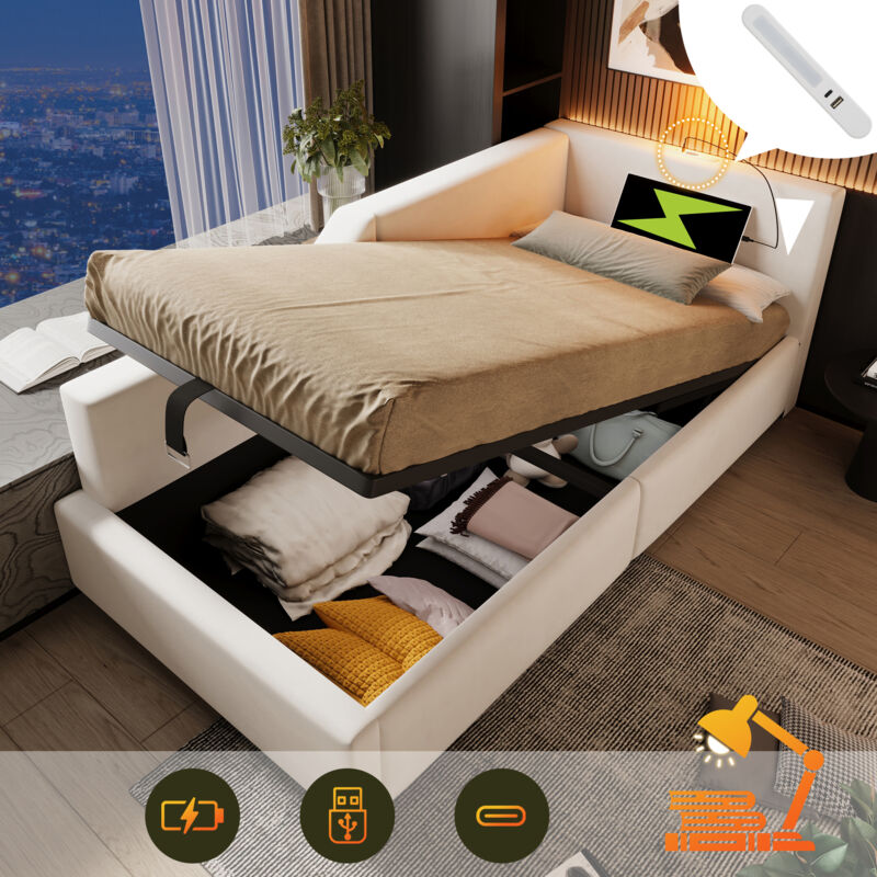 foto del prodotto letto chaise longue imbottito 90x200 cm, divano letto con contenitore idraulico, funzione lampada da lettura e funzione di ricarica usb-c, letto per