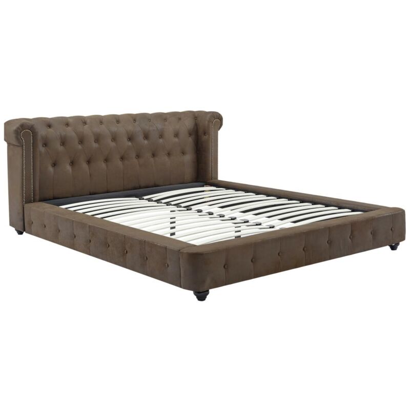 foto del prodotto letto chesterfield 180 x 200 cm tessuto effetto pelle invecchiata marrone tongerla