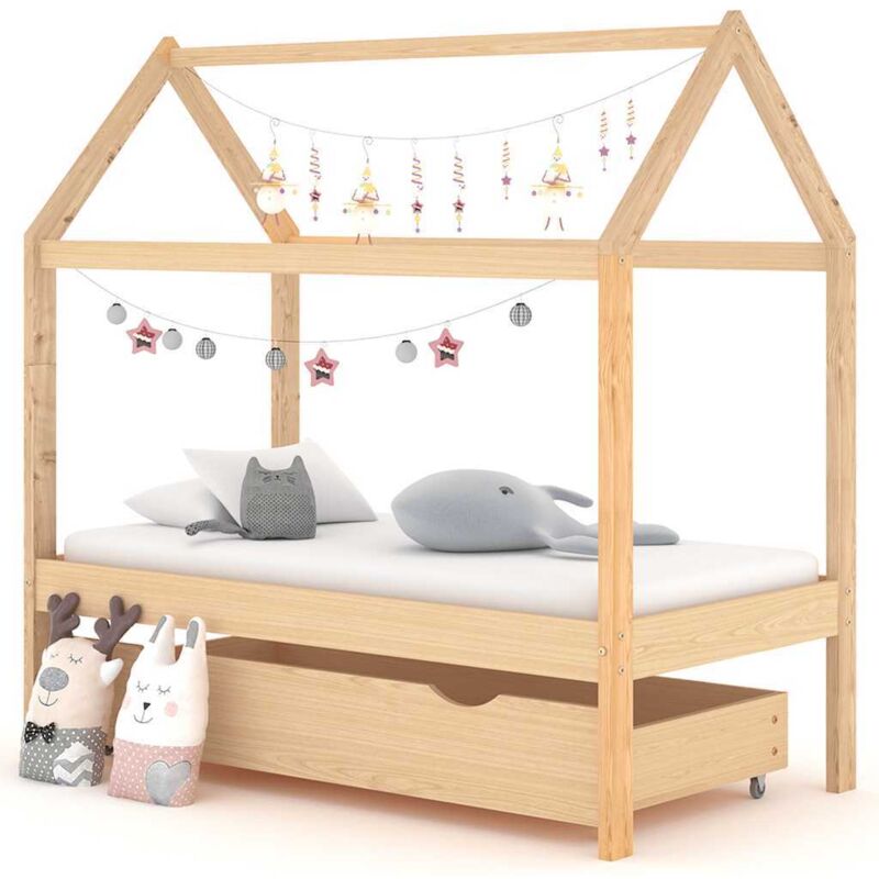 foto del prodotto letto color miele per bimbi con cassetto e struttura design casetta varie misure dimensioni 70 x 140 cm