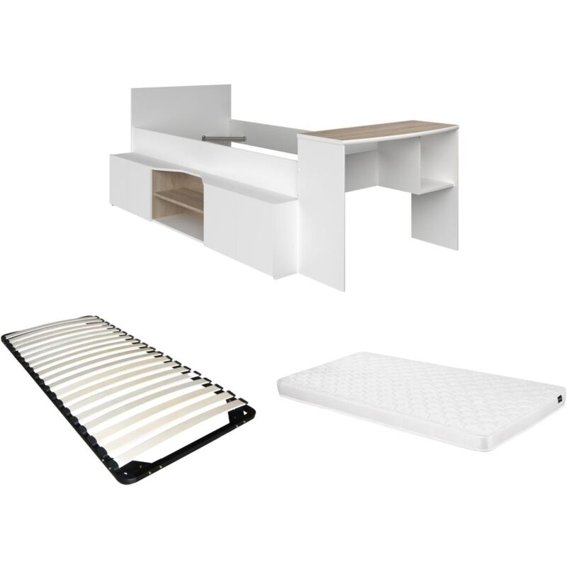 foto del prodotto letto combinato 90x190 200cm con scrivania e scomparti bianco e naturale rete a doghe materasso jochiane