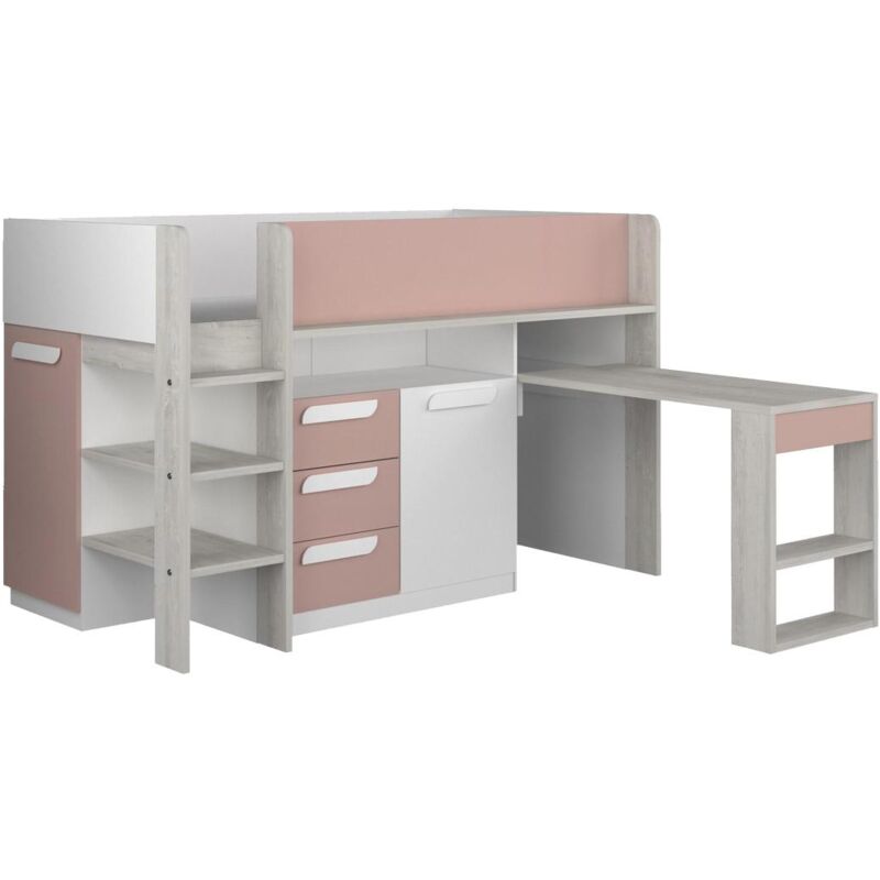 foto del prodotto letto combinato con scrivania e scomparti 90 x 200 cm rosa, naturale e bianco loukala