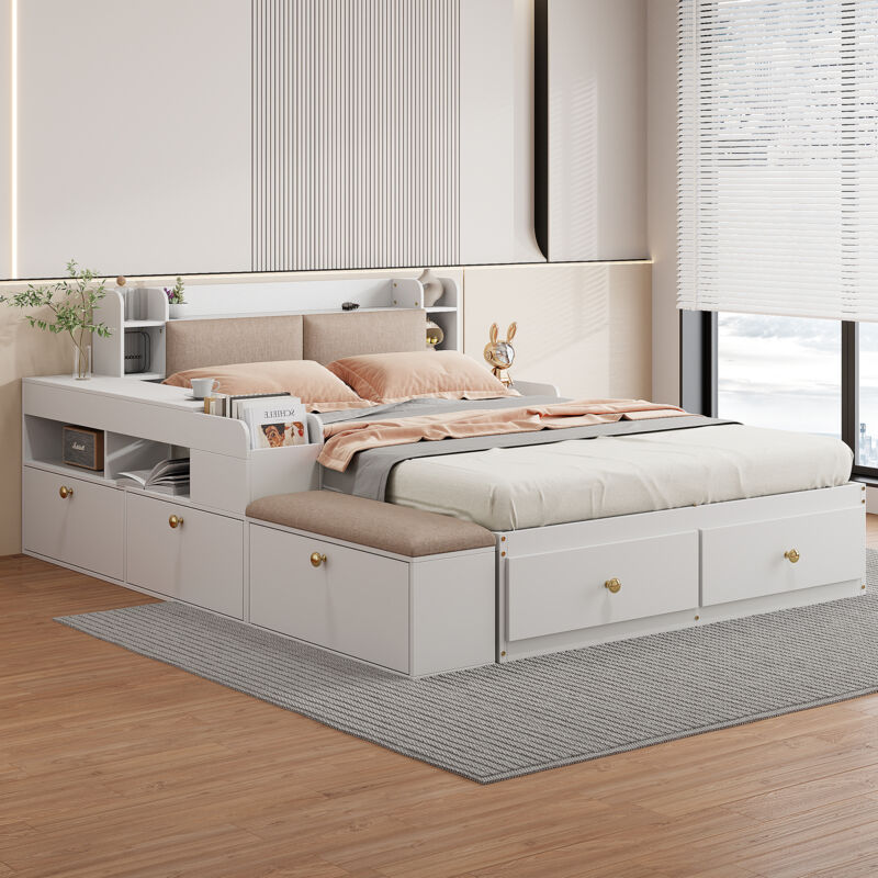 foto del prodotto letto combinato in legno massello 140200 cm, testiera con contenitore integrato, con cassetti, con comodino, con mobile contenitore lungo, con panca