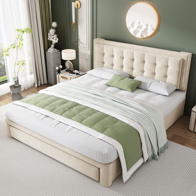 foto del prodotto letto con box e cassetti, tessuto in velluto, letto imbottito, rete a doghe, letto matrimoniale, ampio contenitore, 180 x 200, beige