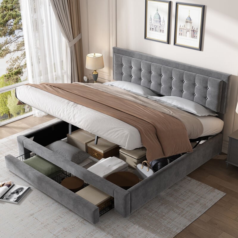 foto del prodotto letto con box e cassetti, tessuto in velluto, letto imbottito, rete a doghe, letto matrimoniale, ampio contenitore, 180 x 200, grigio