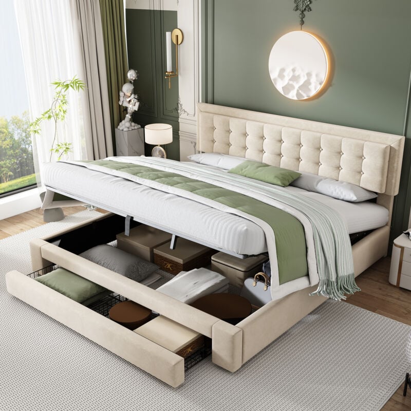 foto del prodotto letto con box e cassetti, tessuto in velluto, letto imbottito, rete a doghe, letto matrimoniale, ampio spazio contenitivo, 160 x 200, beige okwish