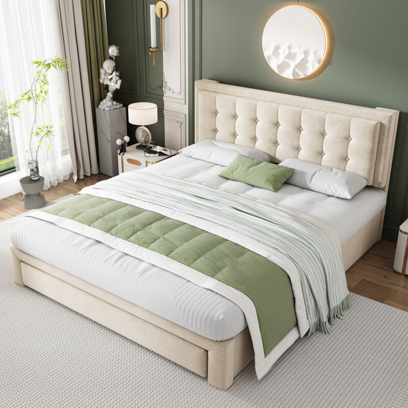 foto del prodotto letto con box e cassetti, tessuto in velluto, letto imbottito, rete a doghe, letto matrimoniale, ampio spazio contenitivo, 180 x 200, beige okwish