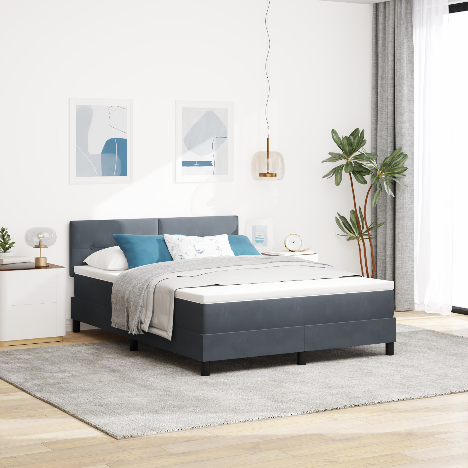 foto del prodotto letto con box spring e materasso grigio scuro 160x200 cm in velluto