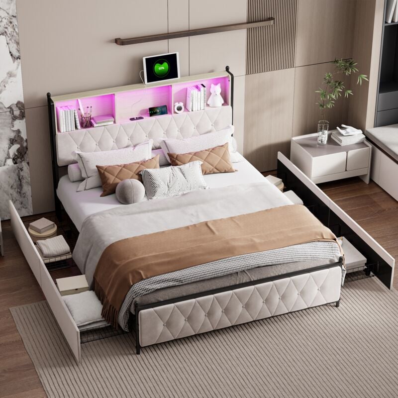 foto del prodotto letto con cassetti 160x200 cm testiera con porta di ricarica usb type c e illuminazione led, letto matrimoniale con 4 cassetti contenitori, rete a
