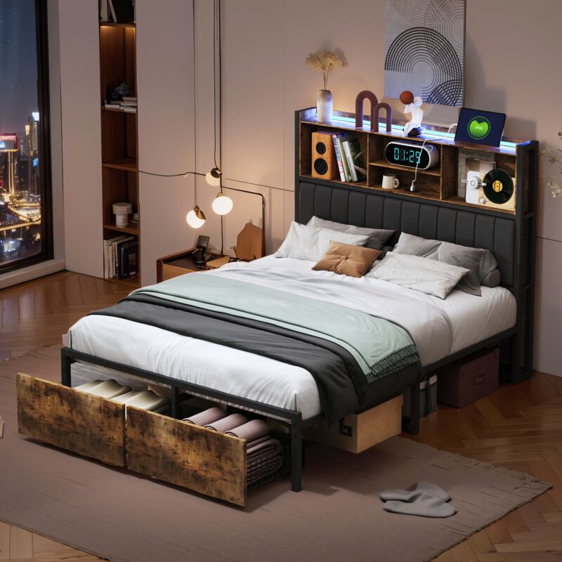 foto del prodotto letto con cassetti 160x200cm, giroletto con 2 cassetti, porta di ricarica usb e tpyc, testiera con illuminazione led e vani portaoggetti, struttura