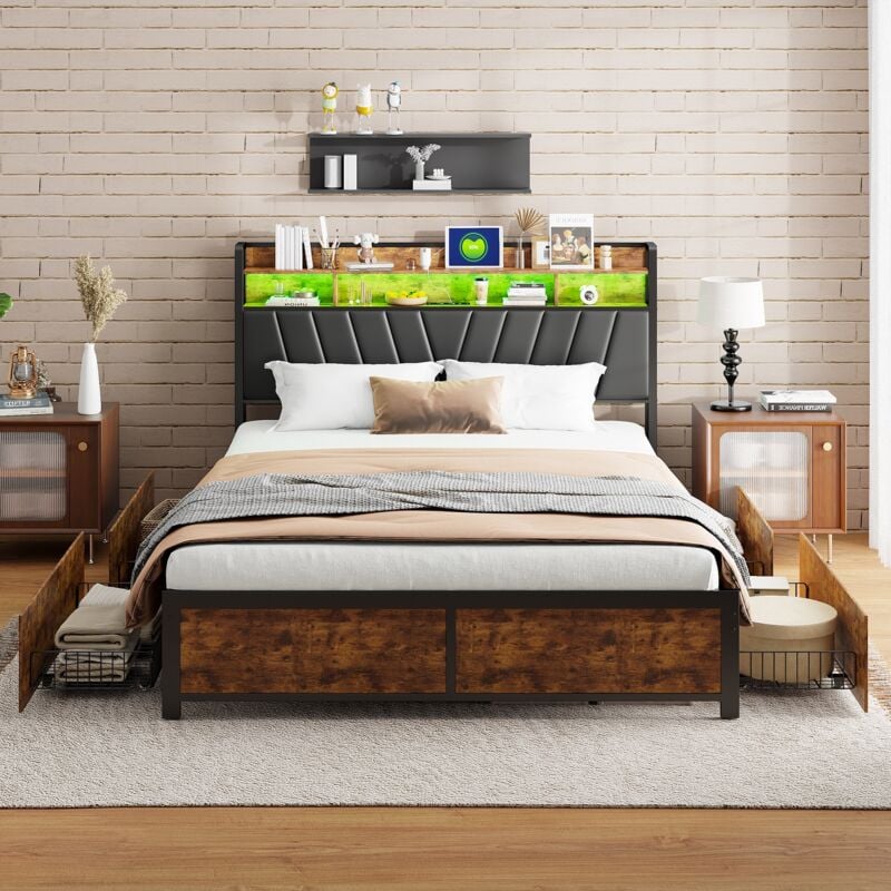 foto del prodotto letto con cassetti 180x200 cm - letto matrimoniale con 4 cassetti, testiera con illuminazione led e porta di ricarica usb, base in metallo, pu - nero