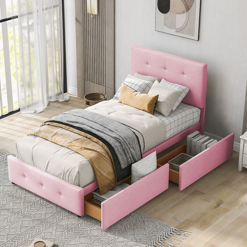 foto del prodotto letto con cassetti 90 x 200 cm, letto per bambini imbottito, 2 cassetti senza materasso velluto, rosa