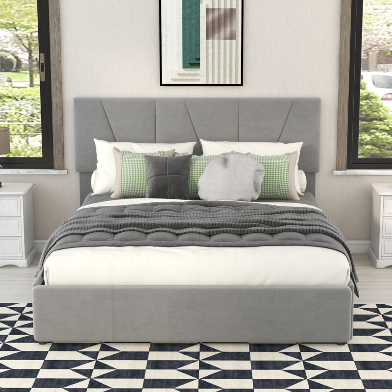 foto del prodotto letto con cassetti letto a piattaforma imbottito 140 x 200 cm. imbottito. 4 cassetti. testiera regolabile. grigio