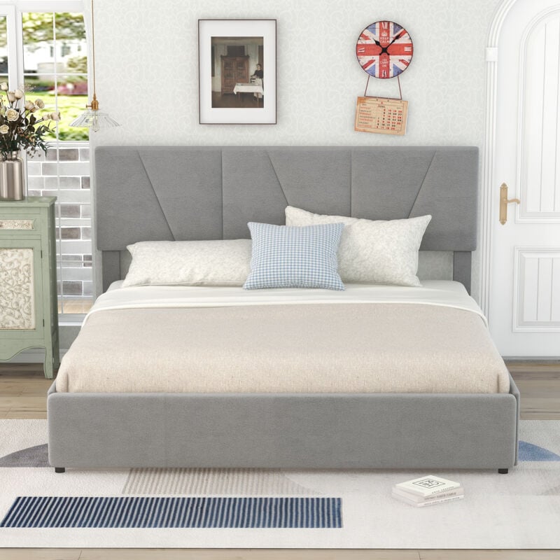 foto del prodotto letto con cassetti letto a piattaforma imbottito 160 x 200 cm. imbottito. 4 cassetti. testiera regolabile. grigio