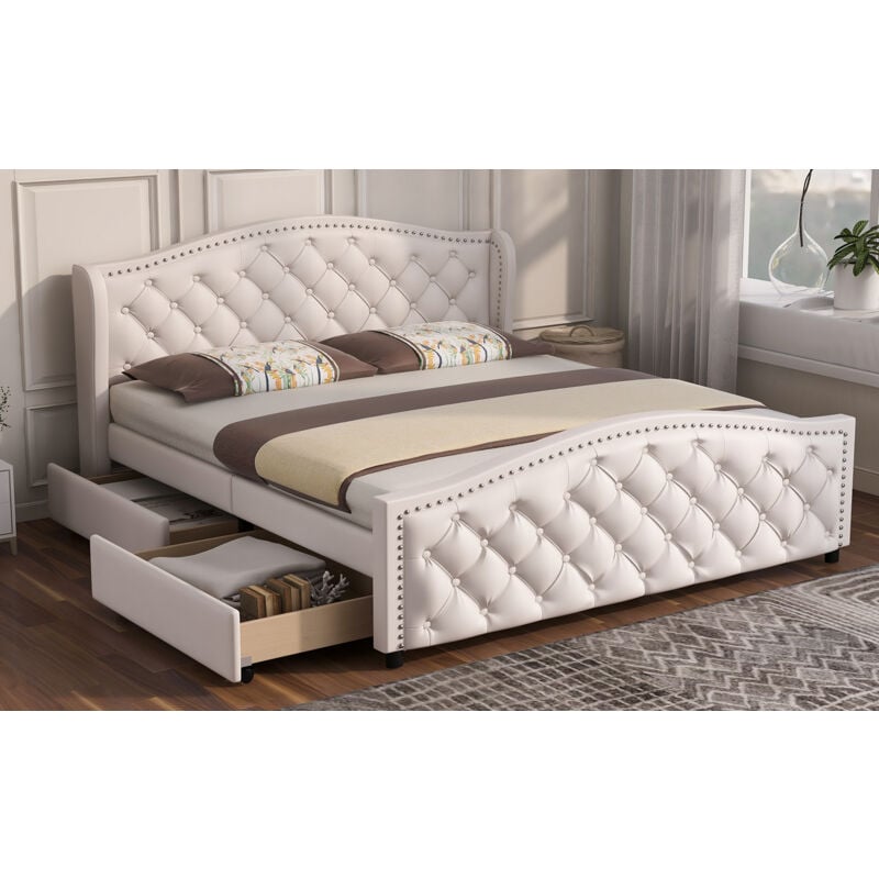 foto del prodotto letto con cassetti letto imbottito 140 x 200 cm con rete a doghe, 2 cassetti e testiera con rivetti di trazione, similpelle, bianco