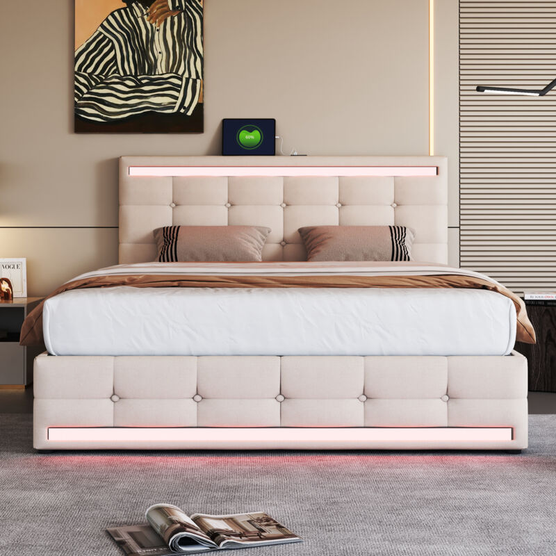 foto del prodotto letto con cassetti letto imbottito 140x200 cm. 4 cassetti e 2 stazioni di ricarica usb. guidato. beige